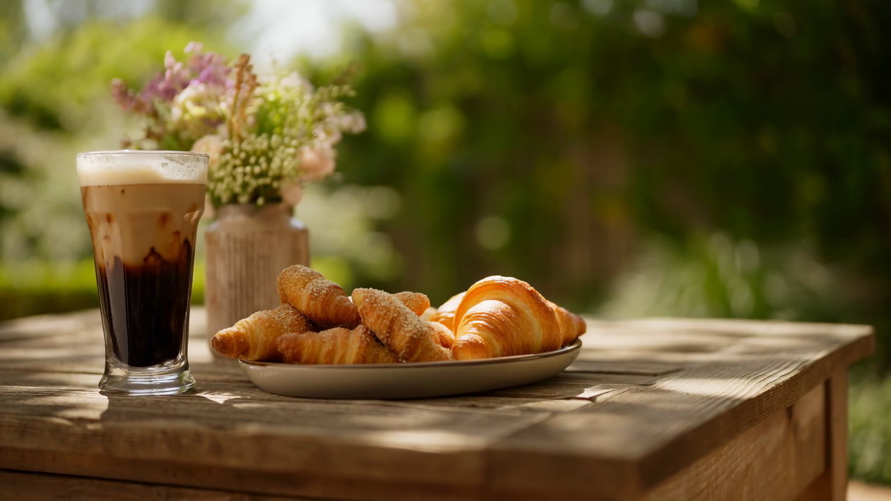 Iced Coffee And Croissants On Wooden Table, Sunlit Garden Background With Soft Bokeh, Glass Of Iced Latte