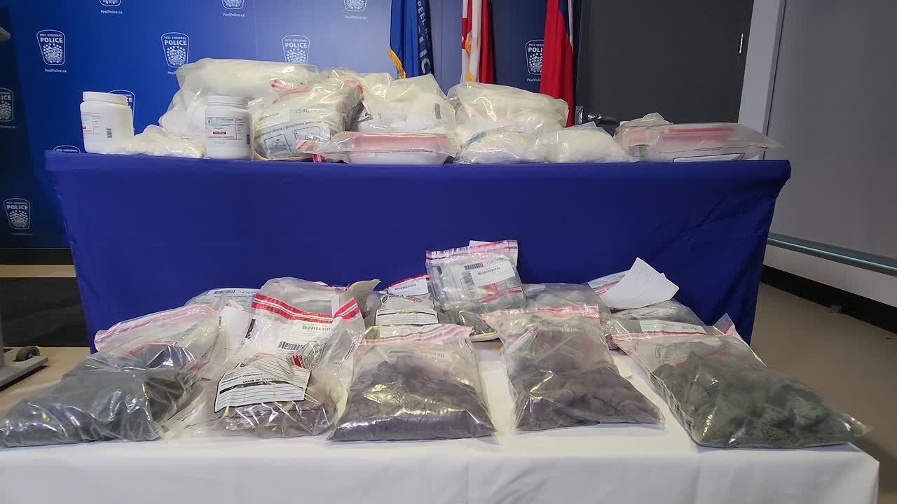 Esposizione di droghe illegali del valore di milioni sequestrate dalla Polizia Regionale di Peel a Mississauga, Ontario, Canada