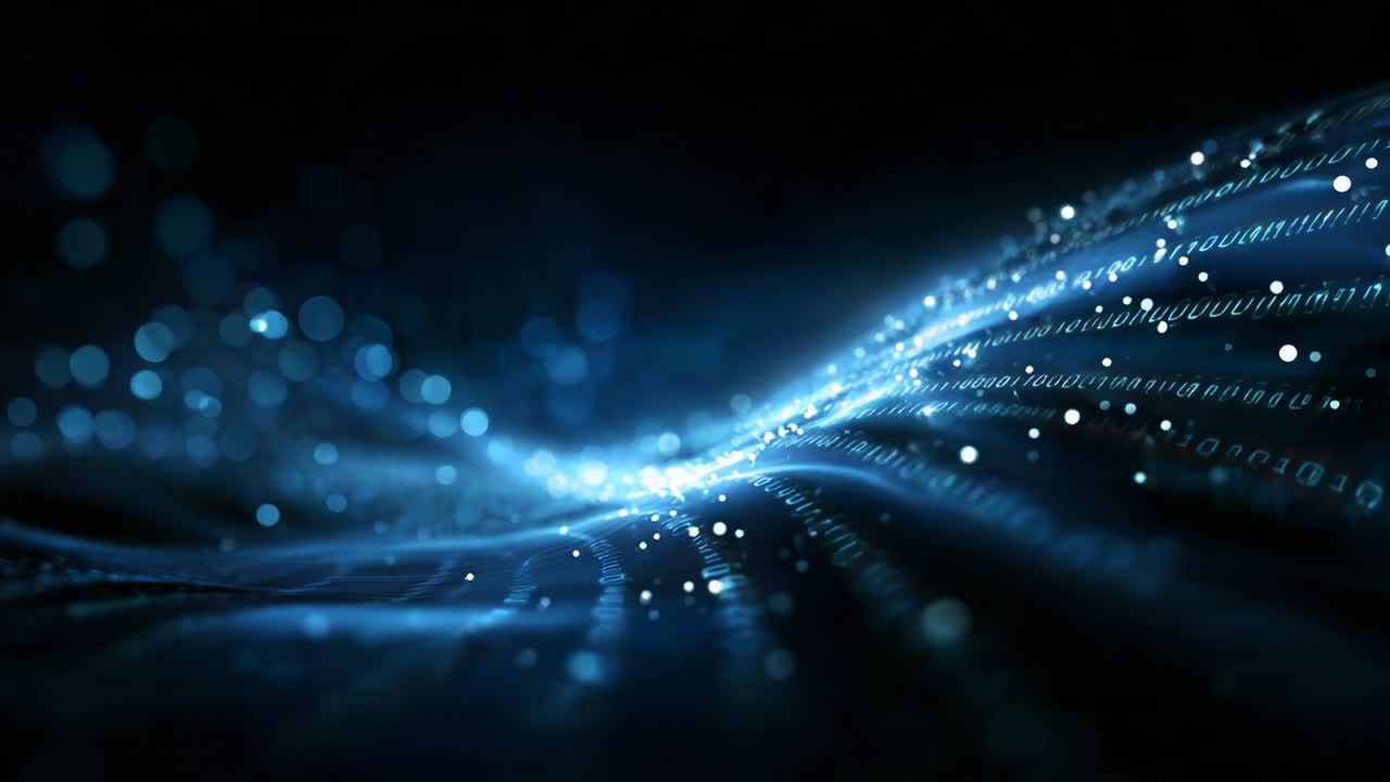 A mesmerizing visual of flowing data represented in a captivating blend of blue hues and shimmering lights, illustrating the dynamic movement of binary information through a nebulous digital landscape