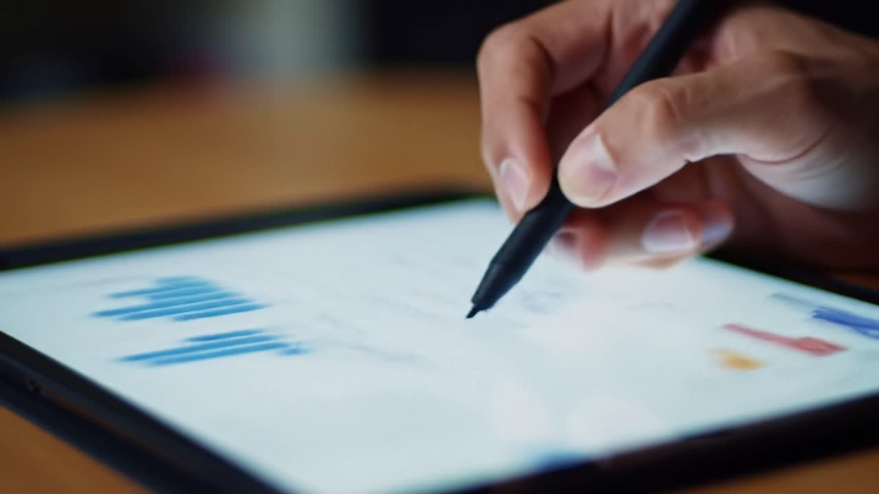 Person using digital tablet with pen for business analysis