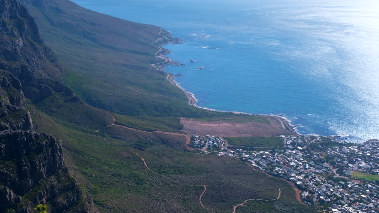 View of Twelve Apostles and Camps Bay coastline from Table Mountain, pan shot