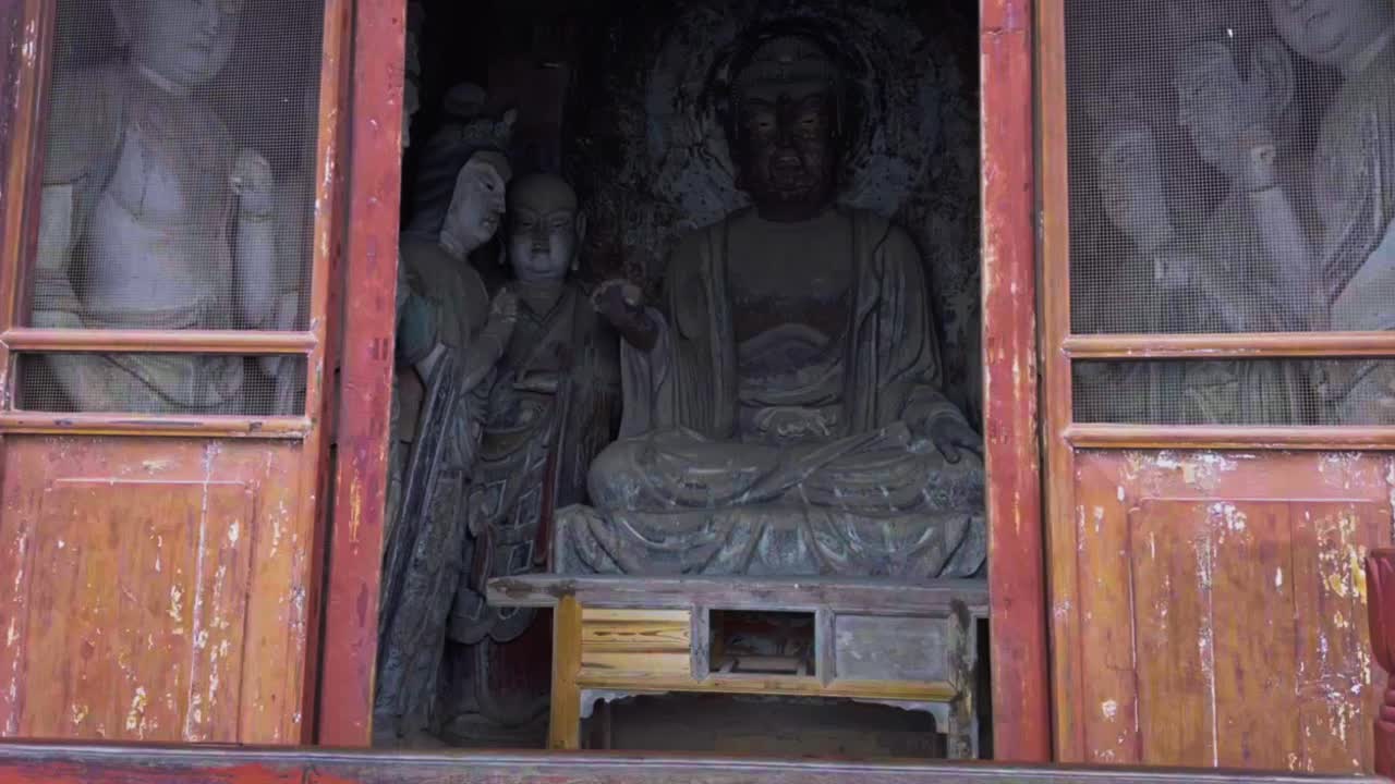 Entrance And Interior Of Maijishan Grottoes - Buddhist Cave Temples In Tianshui City, Gansu Province, China. - tilt up shot