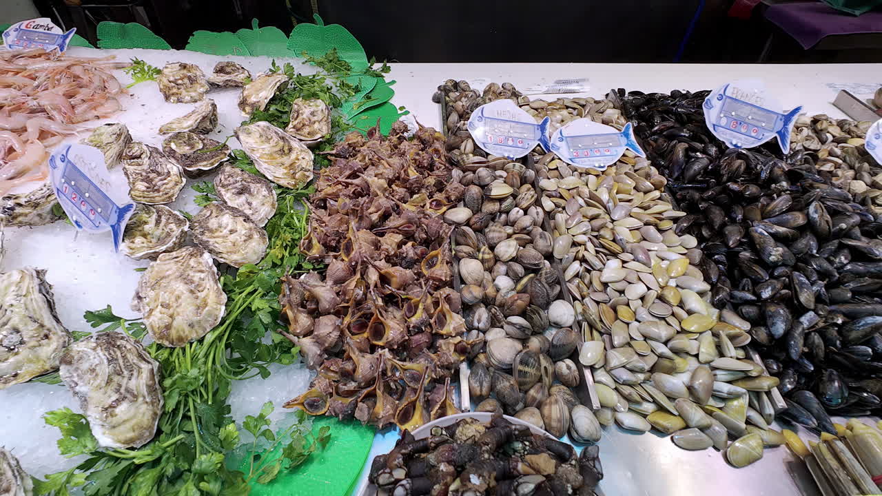 Variety of seafood being displayed on a table in a local market