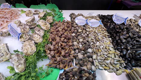 variety of seafood being displayed on a table in a local market