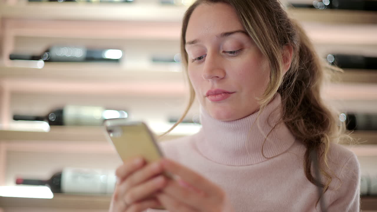 Brunette woman scrolling on her phone at a restaurant