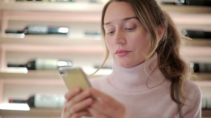 Donna bruna che scorre il feed sul telefono al ristorante