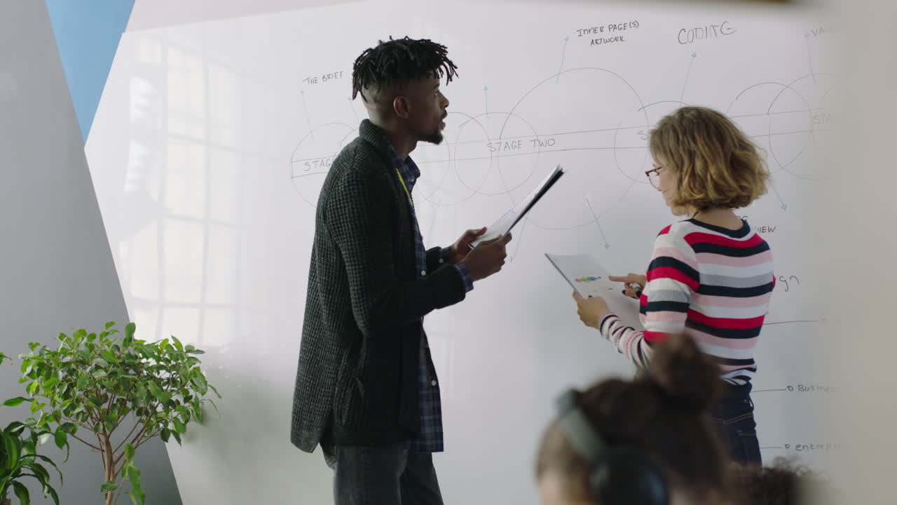 joven grupo de estudiantes de negocios estudian juntos trabajando en un proyecto empresario enseñando pasante compartiendo ideas en colorida oficina multiétnica