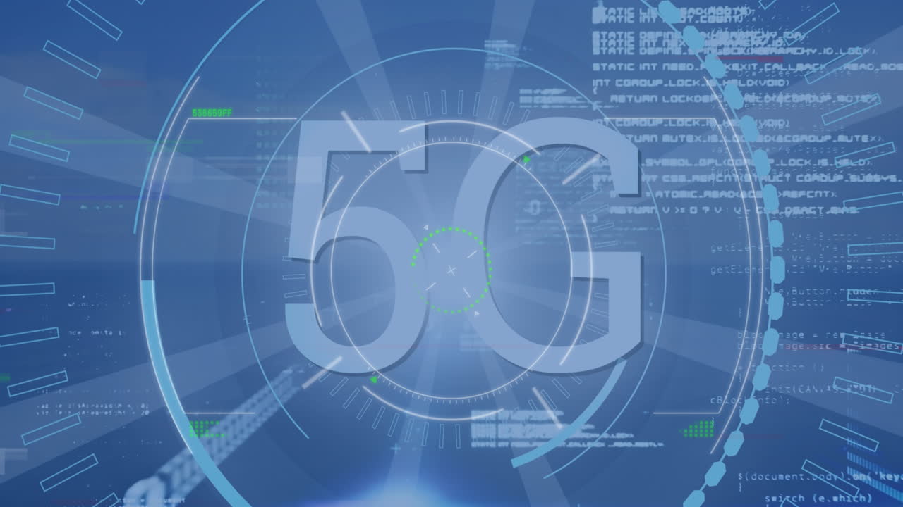 animazione di testo 5g in cerchi su linguaggio informatico su sfondo blu