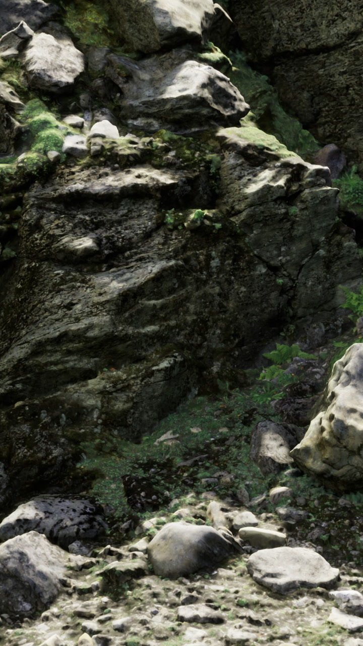 Green rocks and moss find sunlight in a rocky area during the day