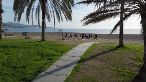 people gather on tropical sandy beach for workout, stretching at sunrise