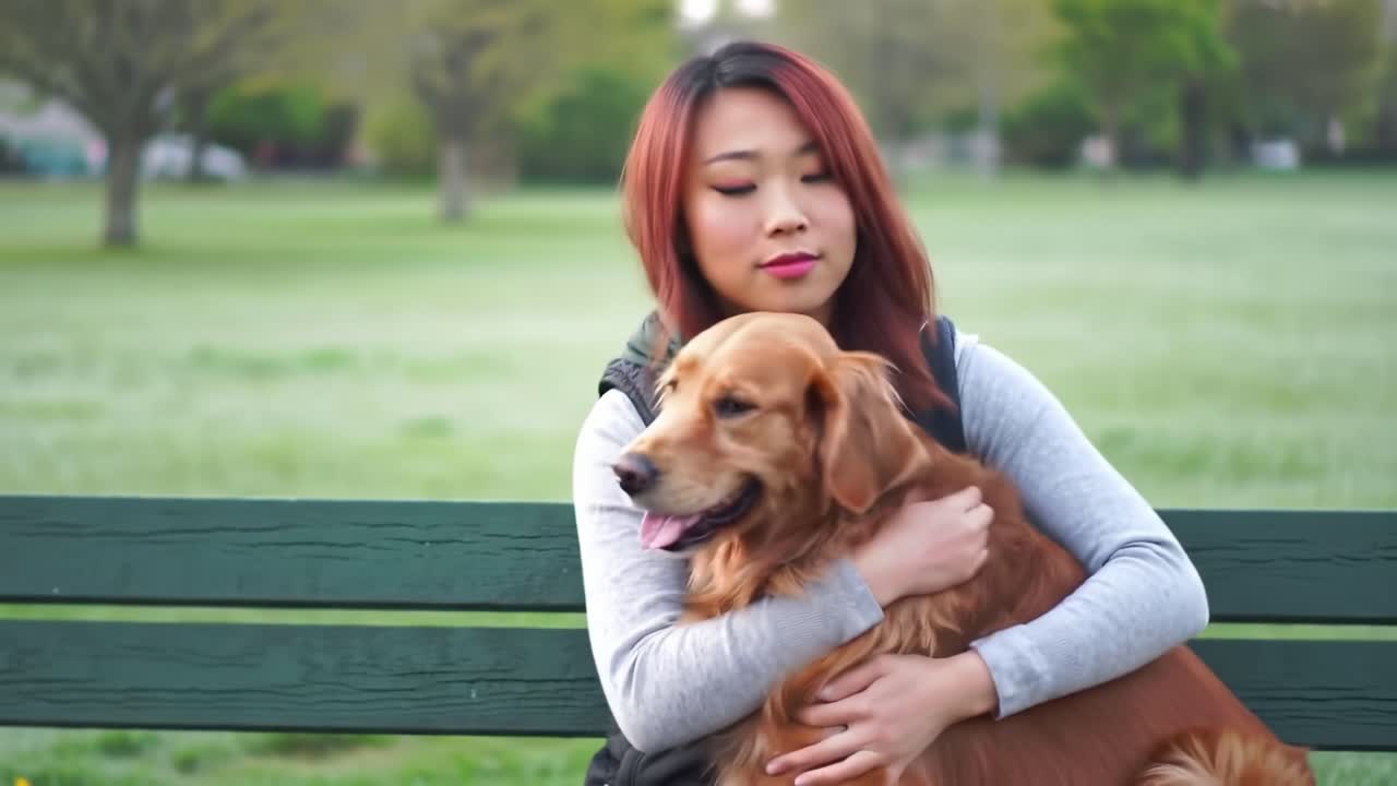 A Heartwarming Moment: A Young Woman Basks in the Calmness of Nature While Gently Embracing Her Beloved Golden Retriever on a Serene Park Bench