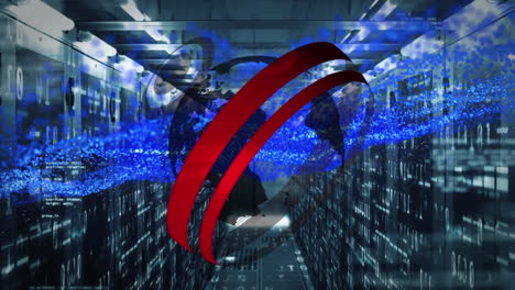 animation of globe and blue information trails, data processing over computer servers