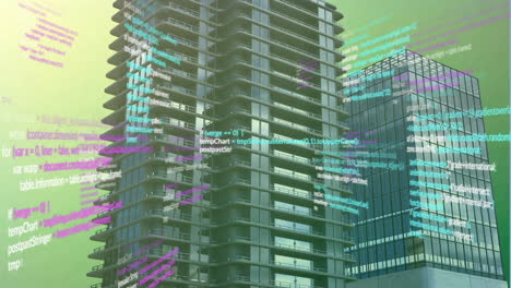 animation of programming language over modern office buildings in city