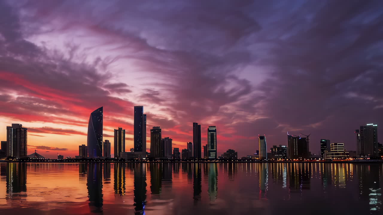 Sunset City Skyline with Reflections