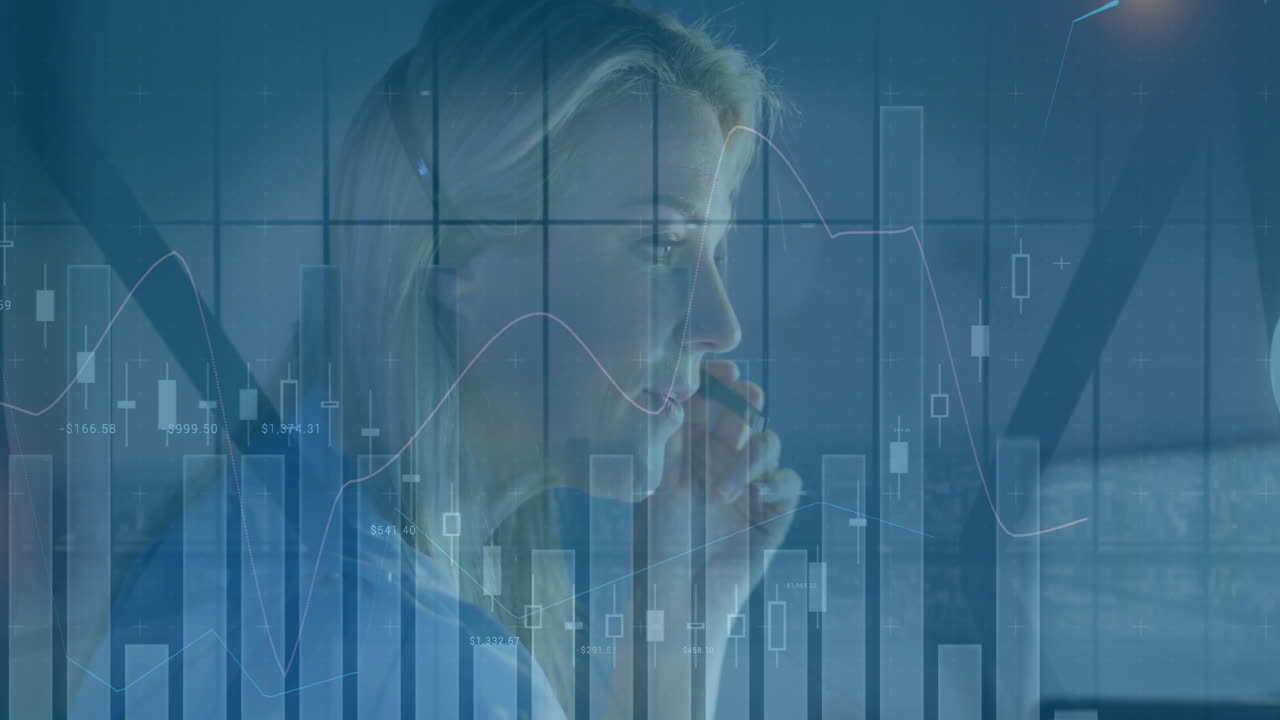 Animation of diagrams over caucasian businesswoman using phone headset