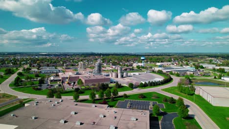 aerial view of a small industrial zone in wisconsin under a bright blue sky, surrounded by green spaces and warehouses
