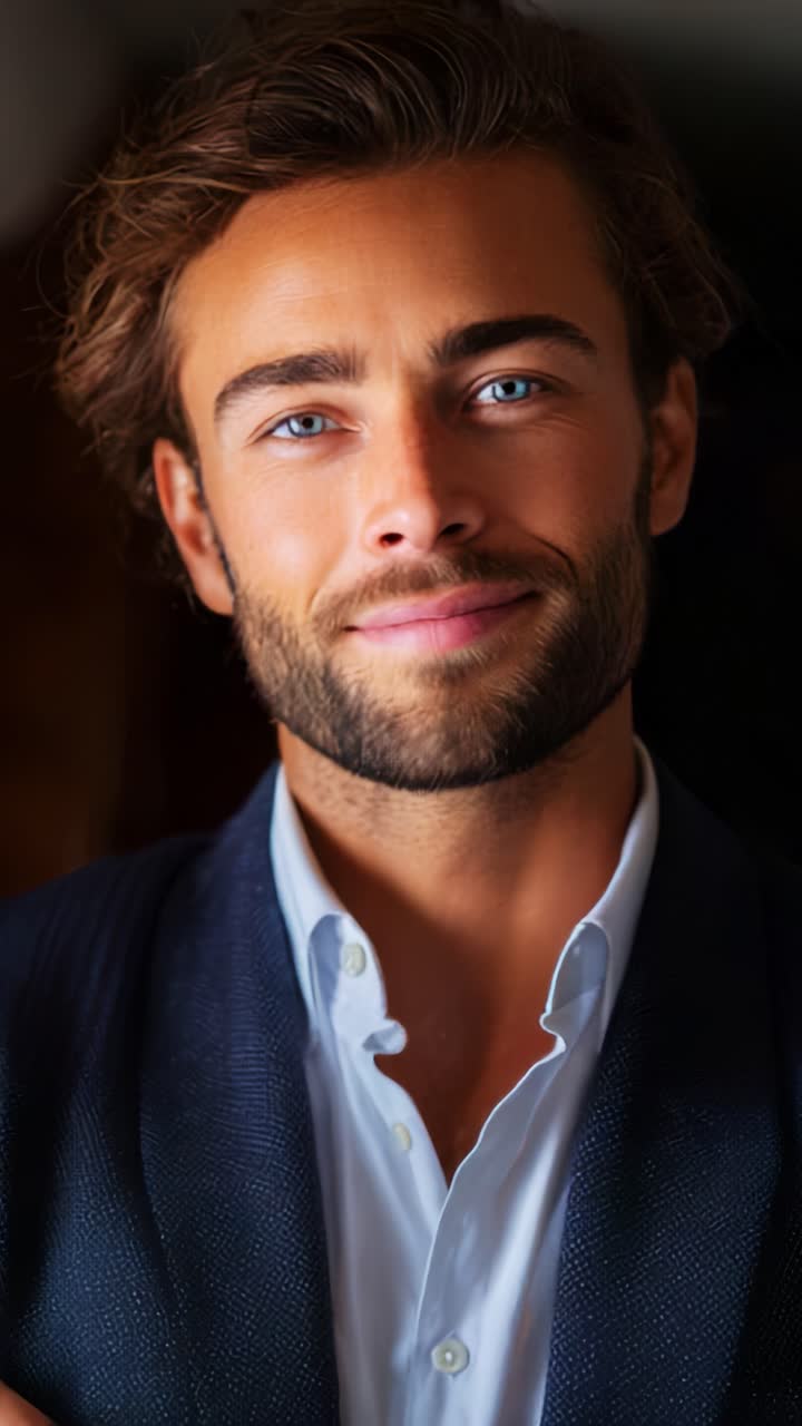 A confident young man exudes charm and charisma in a well-tailored suit ...