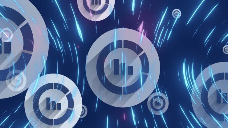 Animation of graph icon in circles over lines forming circular pattern against black background