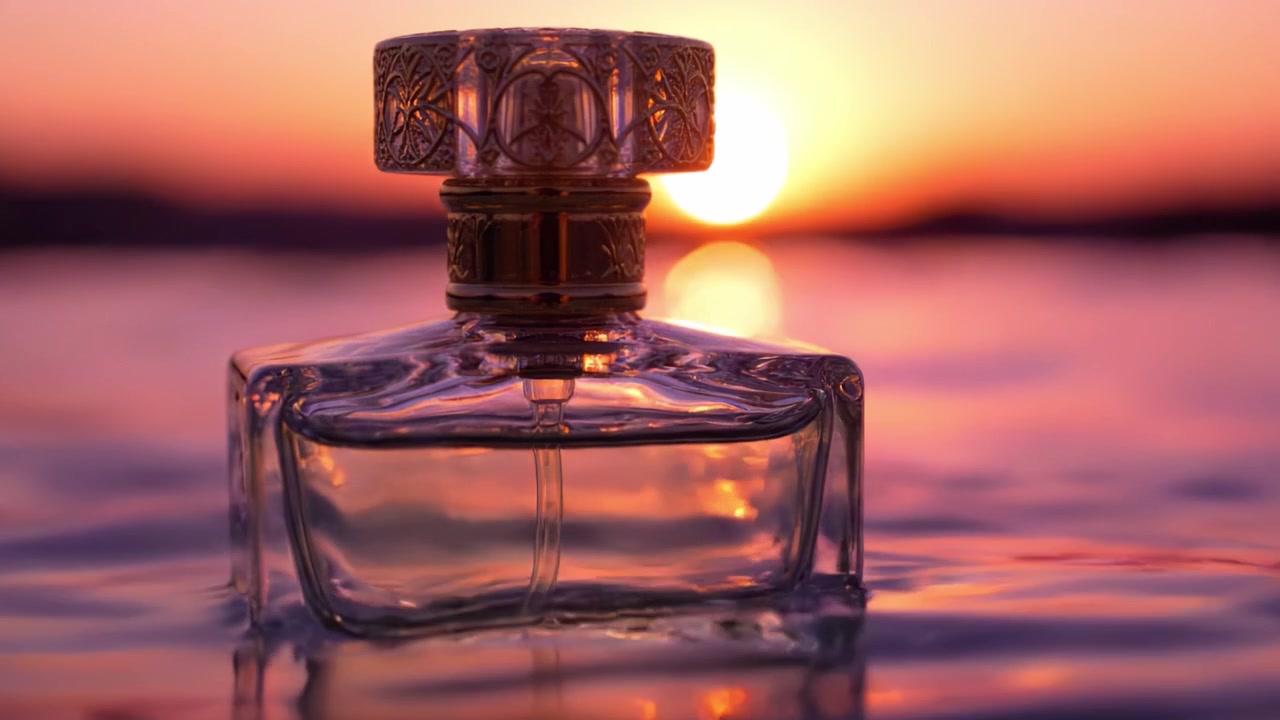 Un'accattivante bottiglia di profumo adagiata tra dolci onde mentre il sole dorato tramonta, creando un'atmosfera sognante di bellezza ed eleganza.