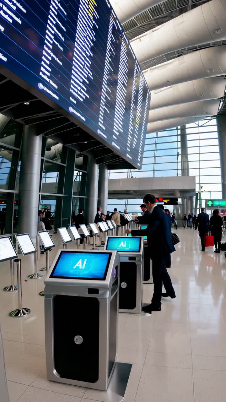 People interacting with self-service kiosks and a large digital flight board in a modern airport terminal
