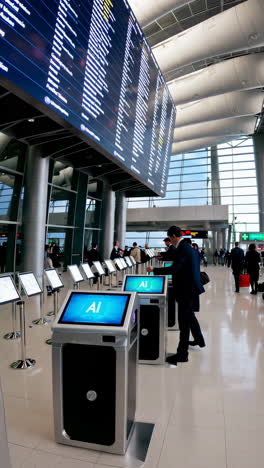 people interacting with self-service kiosks and a large digital flight board in a modern airport terminal