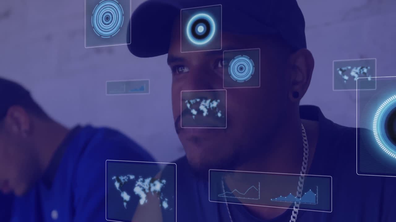 animación de procesamiento de datos sobre hombre afroamericano sentado