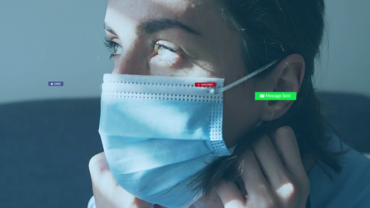 Woman tapping like icon and adjusting mask for health safety while animated icons swarming face