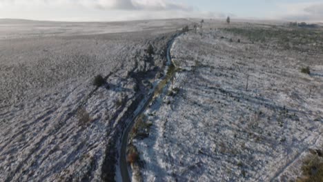 camera panning up from two men walking along a frozen path to show a wide, open, snowy moorland in winter sun