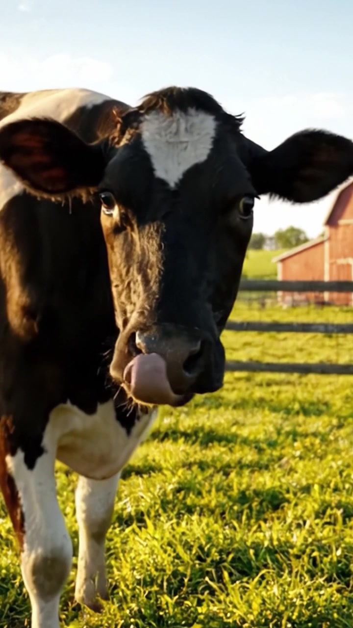 Primer plano de una vaca lechera blanca y negra pastando en un exuberante prado verde bajo un cielo azul claro durante la hora dorada, mostrando su presencia tranquila
