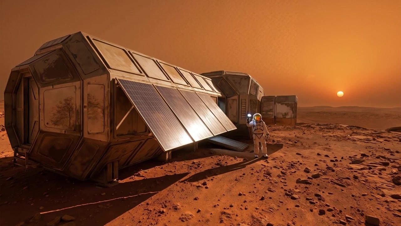 Futuristic modular base or habitat on the surface of Mars at sunset