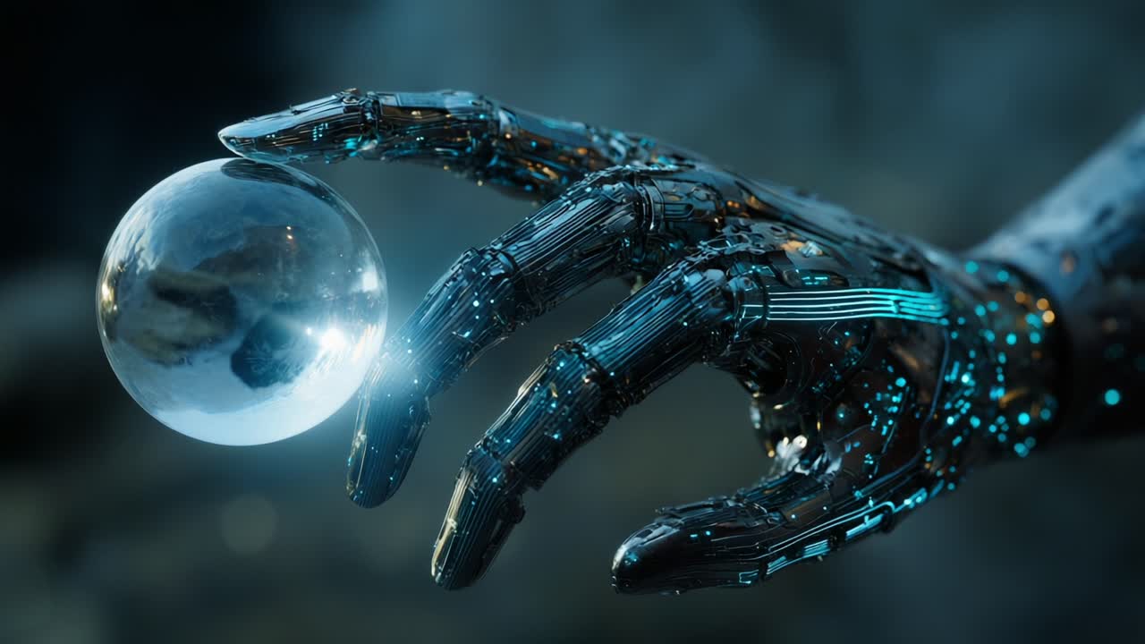A futuristic robotic hand delicately holding a smooth, reflective sphere, showcasing advanced technology and intricate circuit designs in a stunning visual representation of innovation