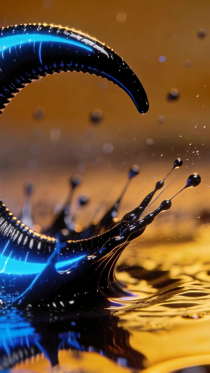 Vertical video: Hovering blue ring dropping, touching dark oil on gold surface, making crown splash