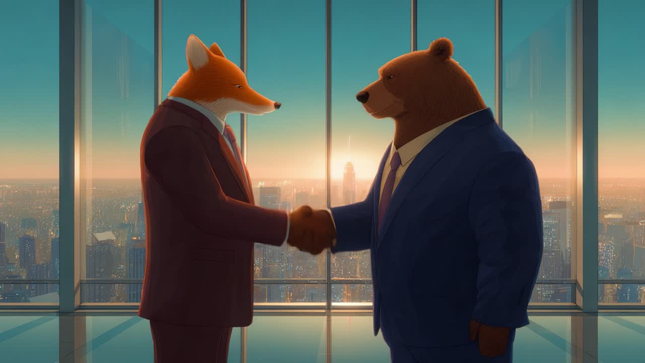 Una volpe e un orso, entrambi vestiti in giacca e cravatta, si stringono la mano in cima a un grattacielo, a simboleggiare una partnership o un accordo sullo sfondo di un panorama mozzafiato al tramonto.