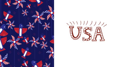 animation of red, white and blue american flag colours with usa text on white