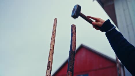 man putting wooden poles constructing skigard (traditional norwegian fence)