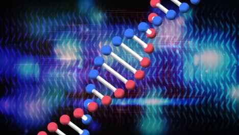 animación de cadenas de adn giratorias y luces azules brillantes refractadas