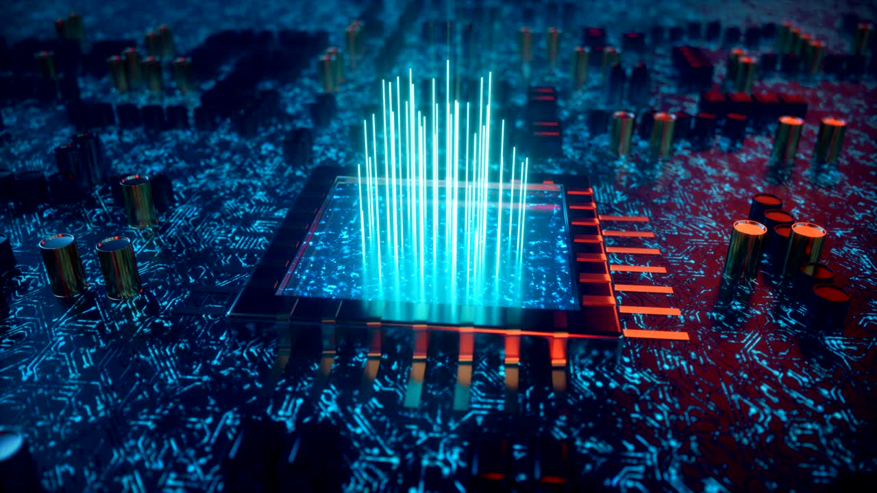 AI artificial intelligence concept CPU. Machine learning. Central Computer Processors on the circuit board with luminous tracks. Encoded data. Computer chip over circuit background, 3D animation