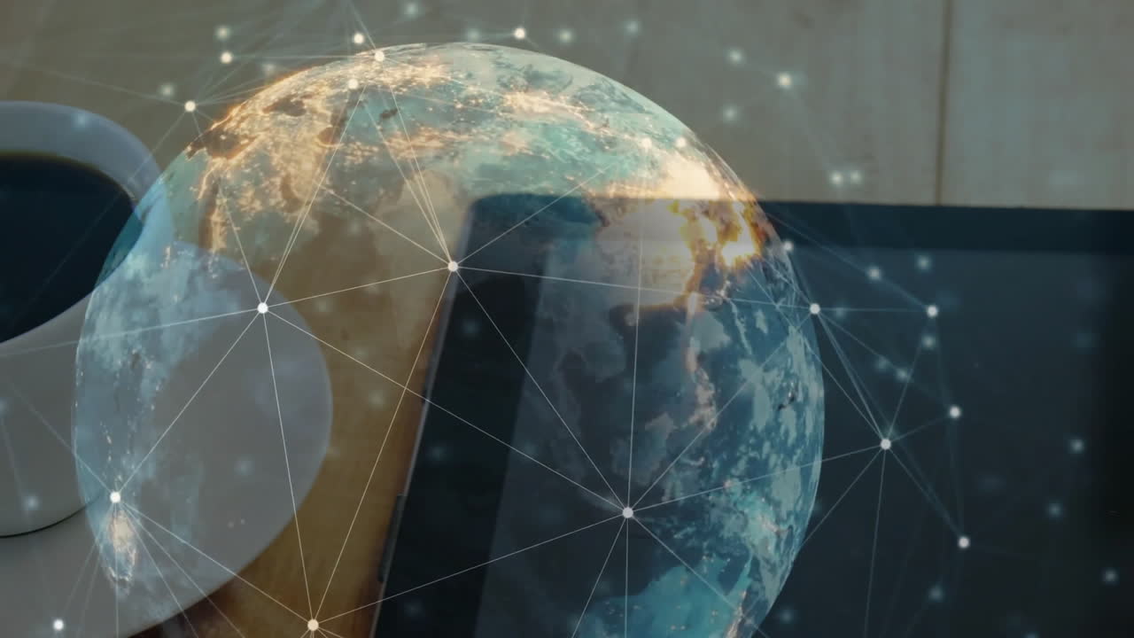 3D render globe floating above desk surface, displaying network nodes with coffee cup beside device