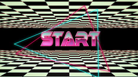 animation of start text in pink metallic letters over black and white squares moving on black