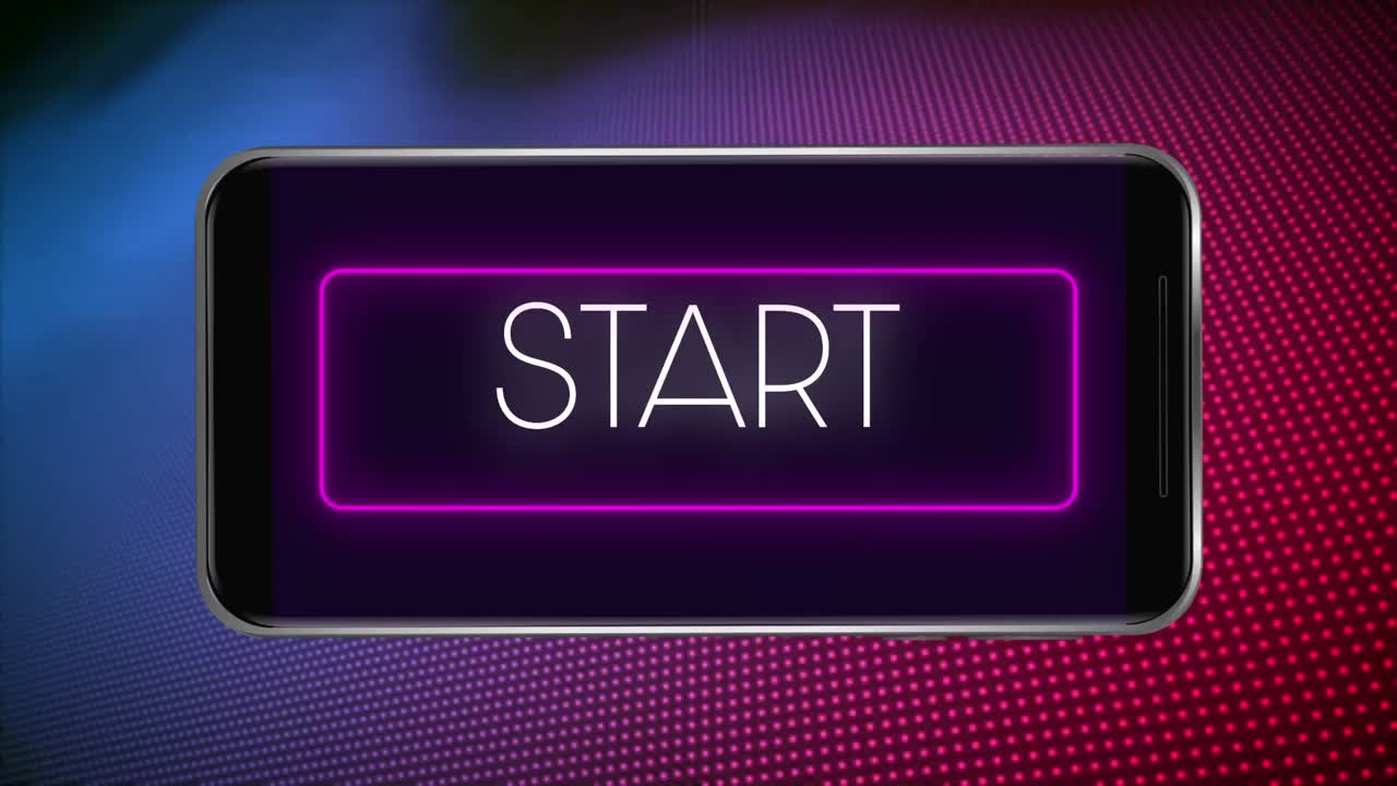 Digital animation of hello text in neon rectangle frame against multiple dots on purple and purple g