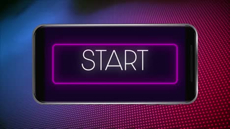 digital animation of hello text in neon rectangle frame against multiple dots on purple and purple g