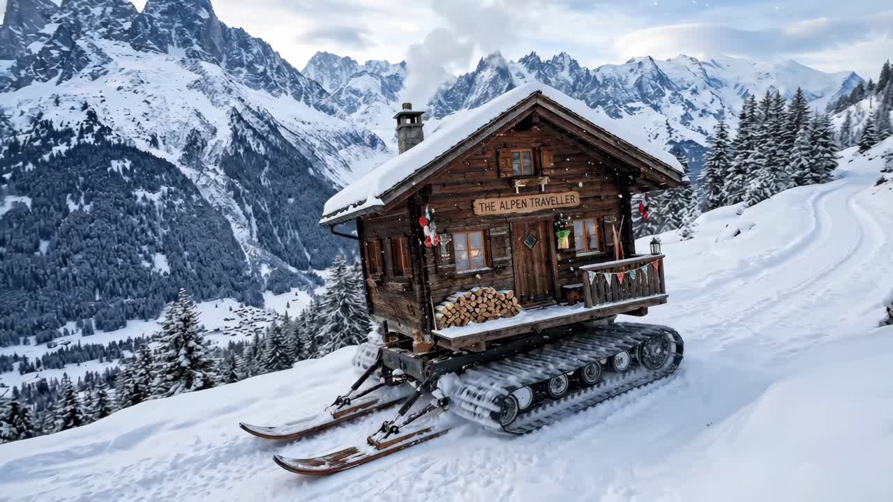 La cabine Alpen Traveller sur chenilles dans un paysage de montagne enneigé