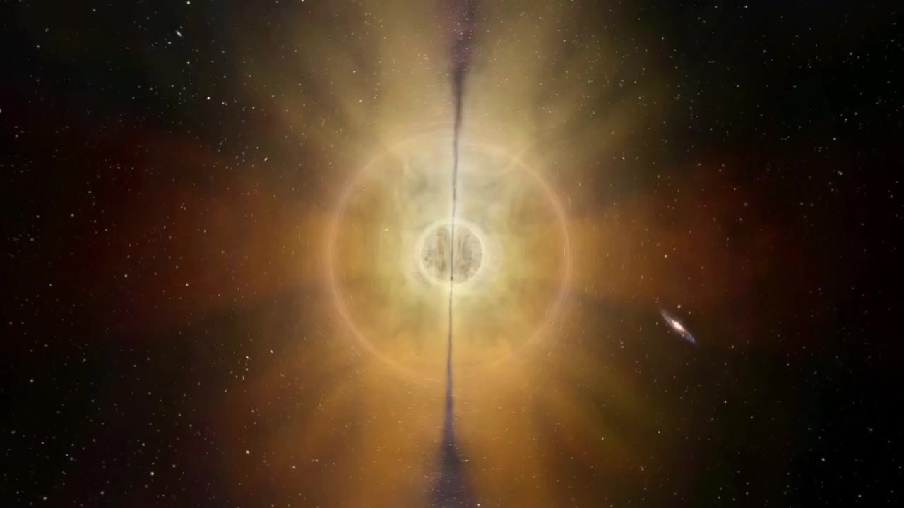 Animation of a supermassive black hole moving through deep space with gravitational lensing effect.
