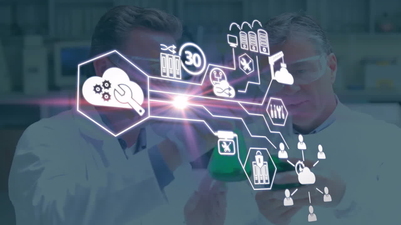 Analyzing data, scientists using futuristic animation technology interface in lab