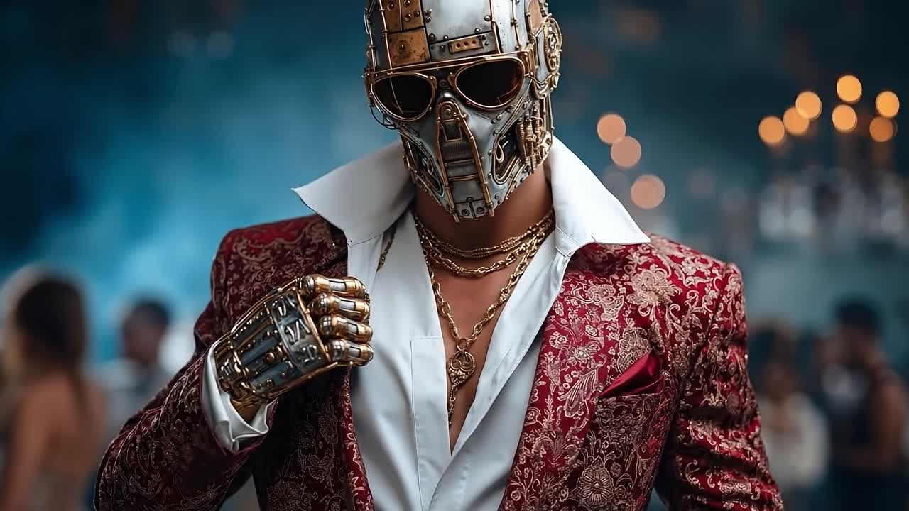 A man in a red and gold suit with a mask and goggles