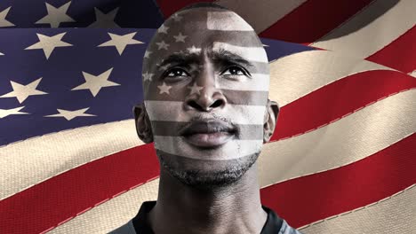 animation of mixed race man over american flag