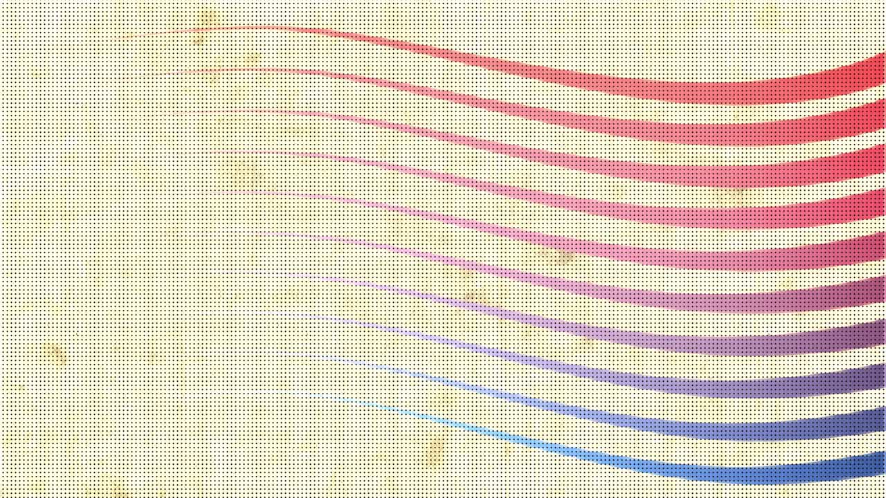 An abstract retro background featuring a wavy gradient pattern of horizontal lines transitioning from warm reds and pinks to cool purples and blues. Image is overlaid with a halftone dot texture.