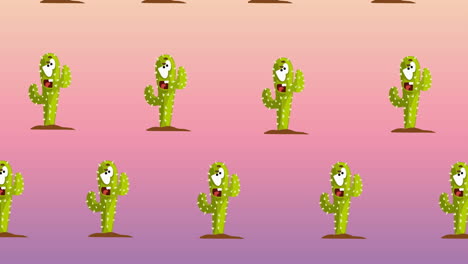 composición de filas de cactus con caras que se mueven sobre un fondo rosado