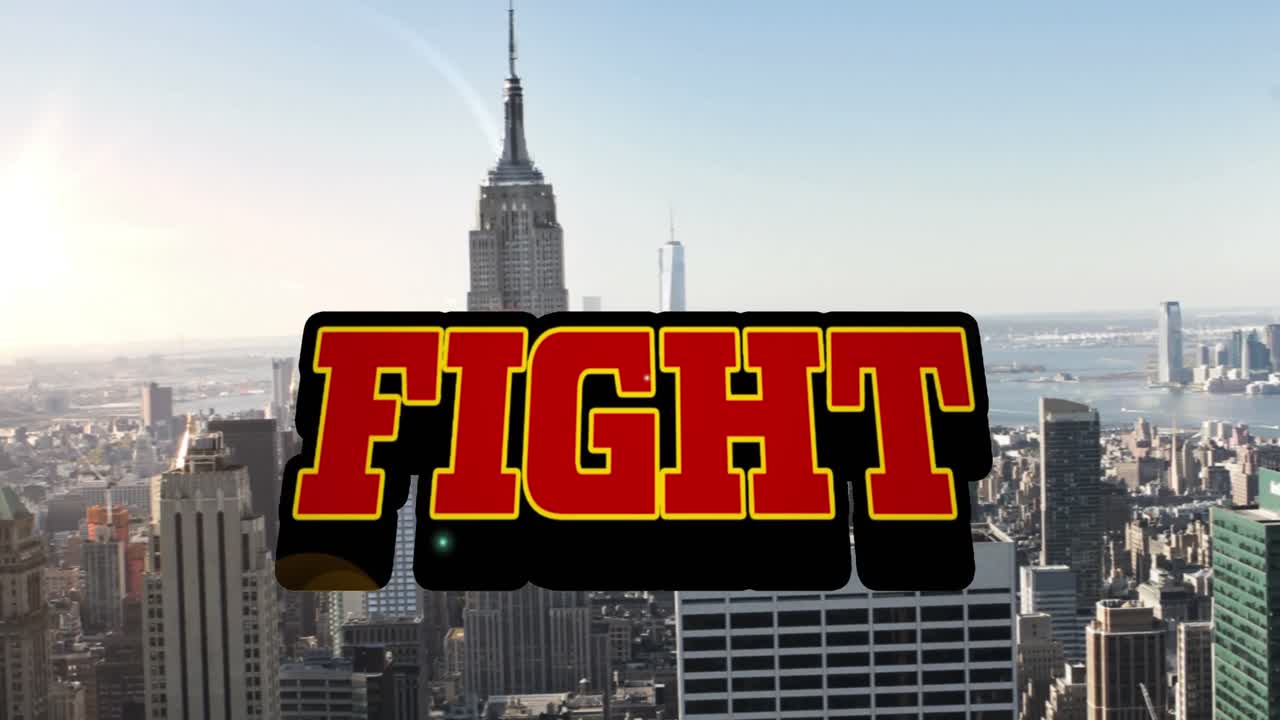 도시 풍경의 공중 전망에 대한 레트로 스피치 버블 위의 싸움 텍스트의 디지털 애니메이션