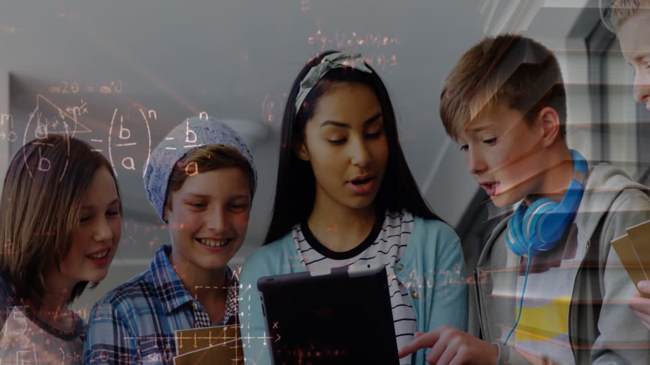 Animation of math formulas moving over happy diverse pupils working on tablet